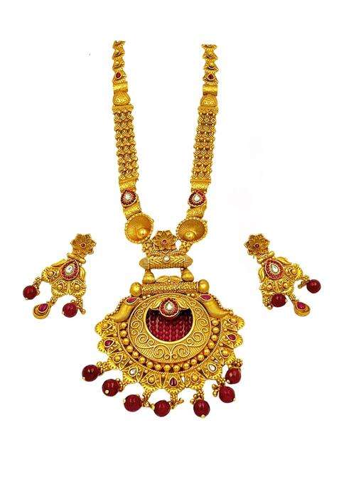 Smithz Gold Long Haram Necklace Set Temple Jewellery with Earrings