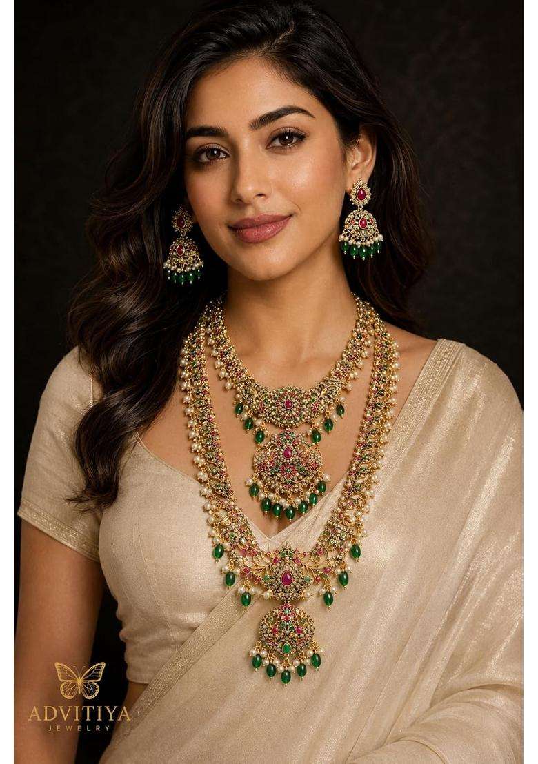 Advitiya Jewelry South Indian Bridal Lakshmi Long Haram Set - Indya