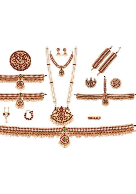 Elite Trading Bharatnatyam Dance Jewelry Set for Women and Girl White and Red Kempu Stone with Moti Haram
