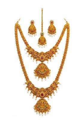 Green Traditional Lakshmi Temple Jewelry Bridal Combo Set with Haram Short Necklace Earrings and Maang Tikka