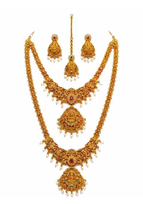 Green Traditional Lakshmi Temple Jewelry Bridal Combo Set with Haram Short Necklace Earrings and Maang Tikka