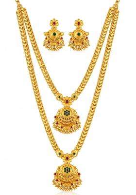 Premium Imitating Gold Plated Traditional Long Haram Necklace Set with Matching Earrings for Women