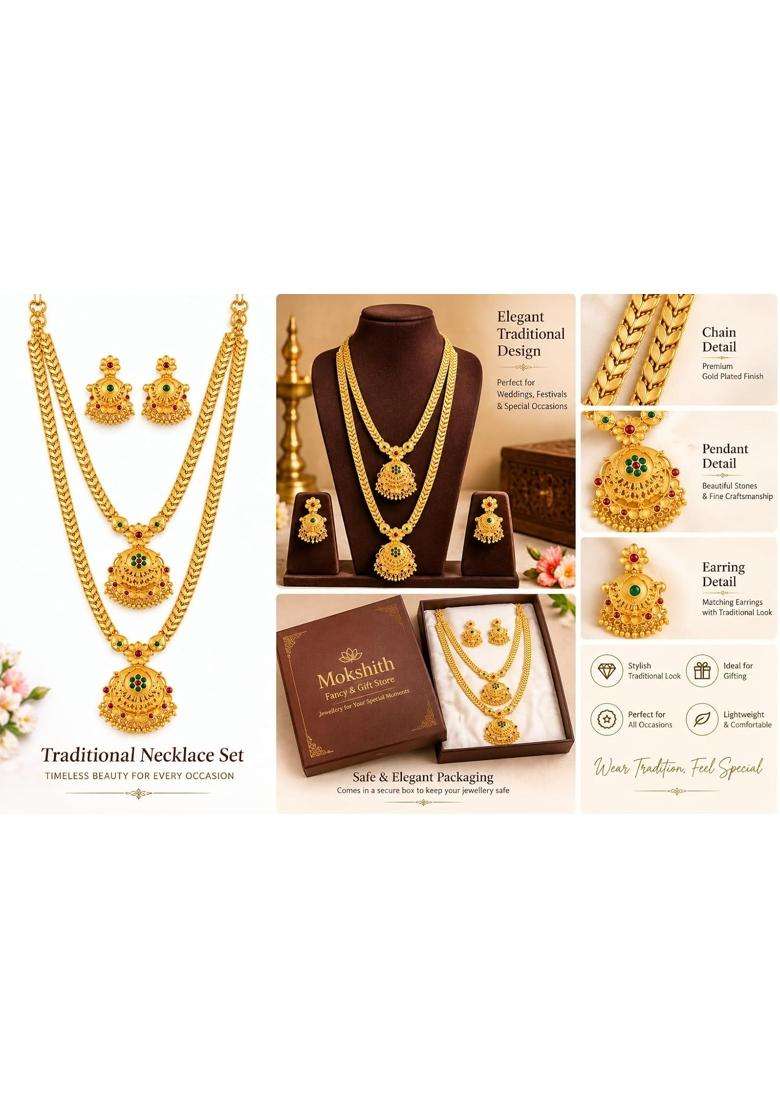 Premium Imitating Gold Plated Traditional Long Haram Necklace Set with Matching Earrings for Women - Indya