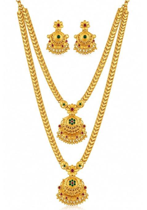 Premium Imitating Gold Plated Traditional Long Haram Necklace Set with Matching Earrings for Women