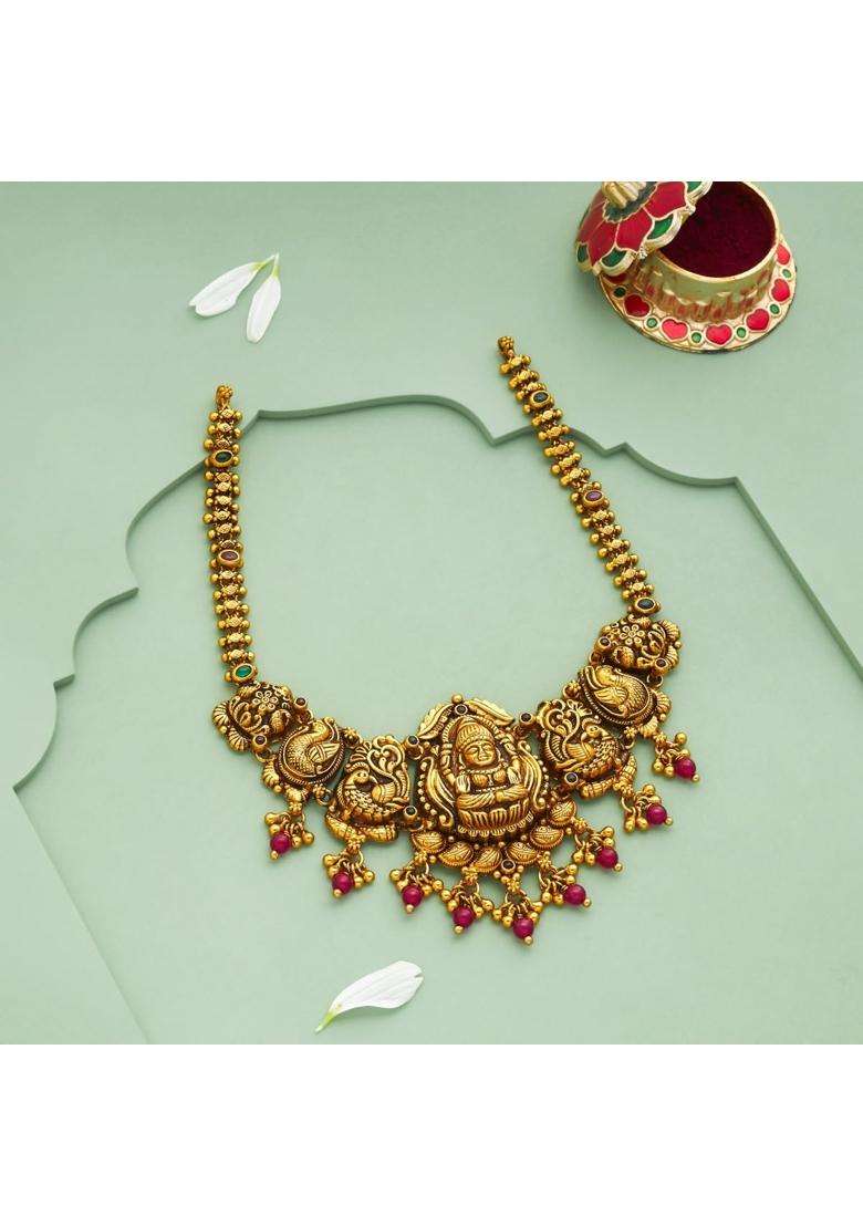 Kushals Fashion Jewellery Ruby Green Oxidised Gold Plated 925 Silver Temple Necklace for Women - Indya
