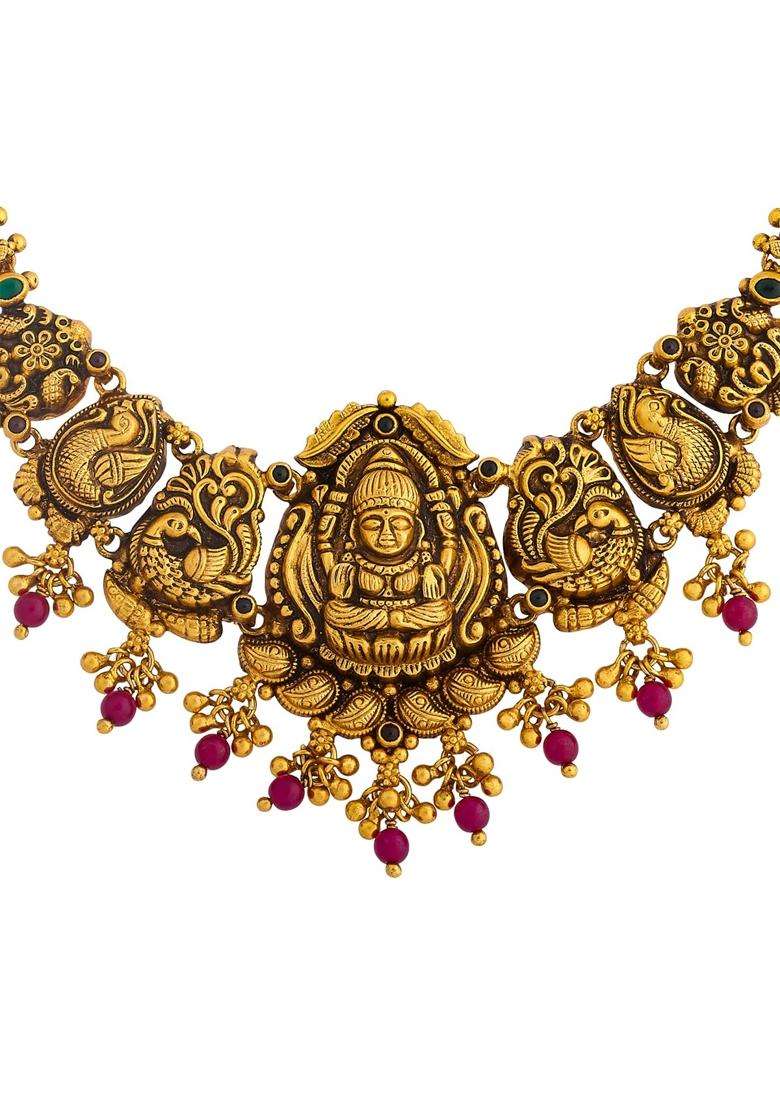 Kushals Fashion Jewellery Ruby Green Oxidised Gold Plated 925 Silver Temple Necklace for Women - Indya