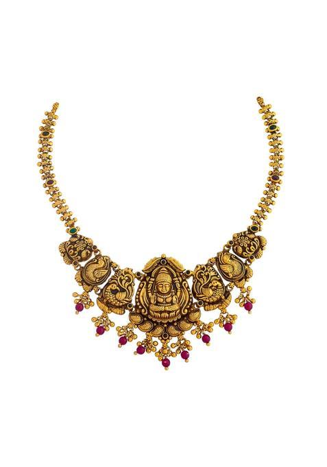 Kushals Fashion Jewellery Ruby Green Oxidised Gold Plated 925 Silver Temple Necklace for Women