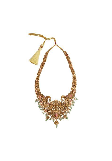 Kushals Fashion Jewellery RBY GRN CRL Gold Polished Antique Necklace with Adjustable Thread