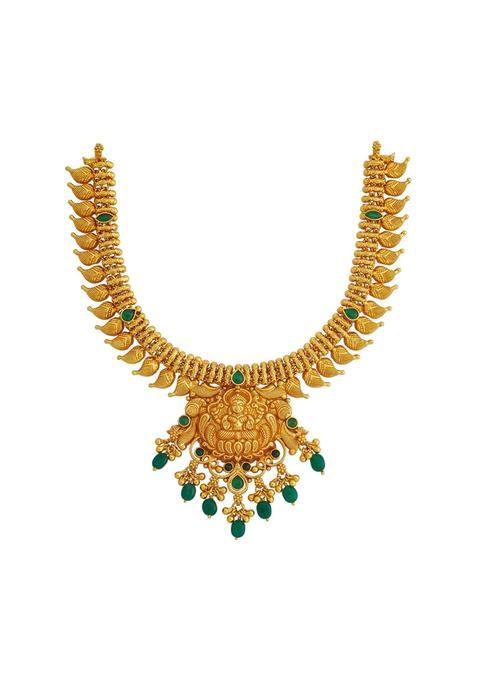 Kushals Fashion Jewellery Green Gold Polished 925 Silver Temple Necklace with Adjustable Thread for Women