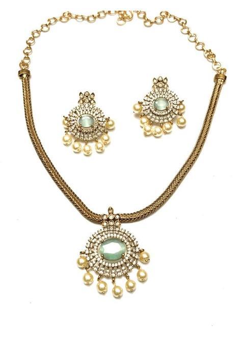Mairah Yellow Traditional Kemp Stone Peacock Necklace Set with Matching Earrings