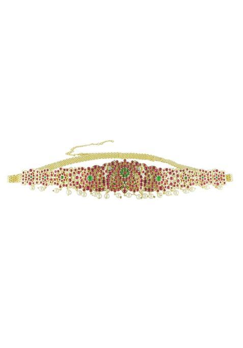 UG Products Bharatanatyam Copper Yellow Kamarbandh with Green and Red Kemp Stones for Women