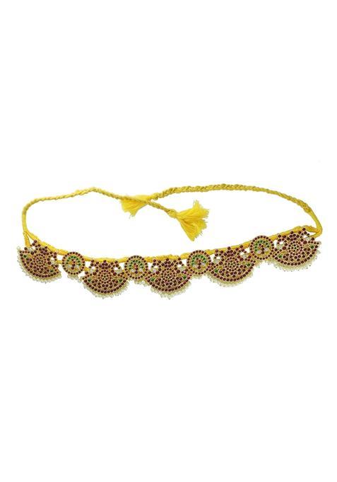 UG Products Yellow Copper Bharatanatyam Jewellery Kamarbandh with Green and Red Kemp Stones for Women