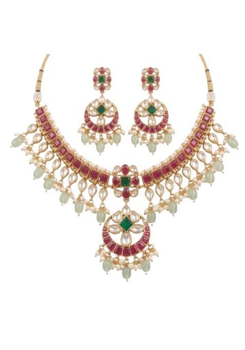 Tara N Tripti Designs TNT Gold Toned Kemp Kundan Necklace Set with Earrings Red Green Stones Pearl Drops