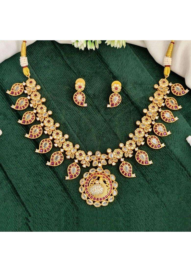 M and D Trends Designer Matte Gold Peacock Design Kemp Necklace Set - Indya