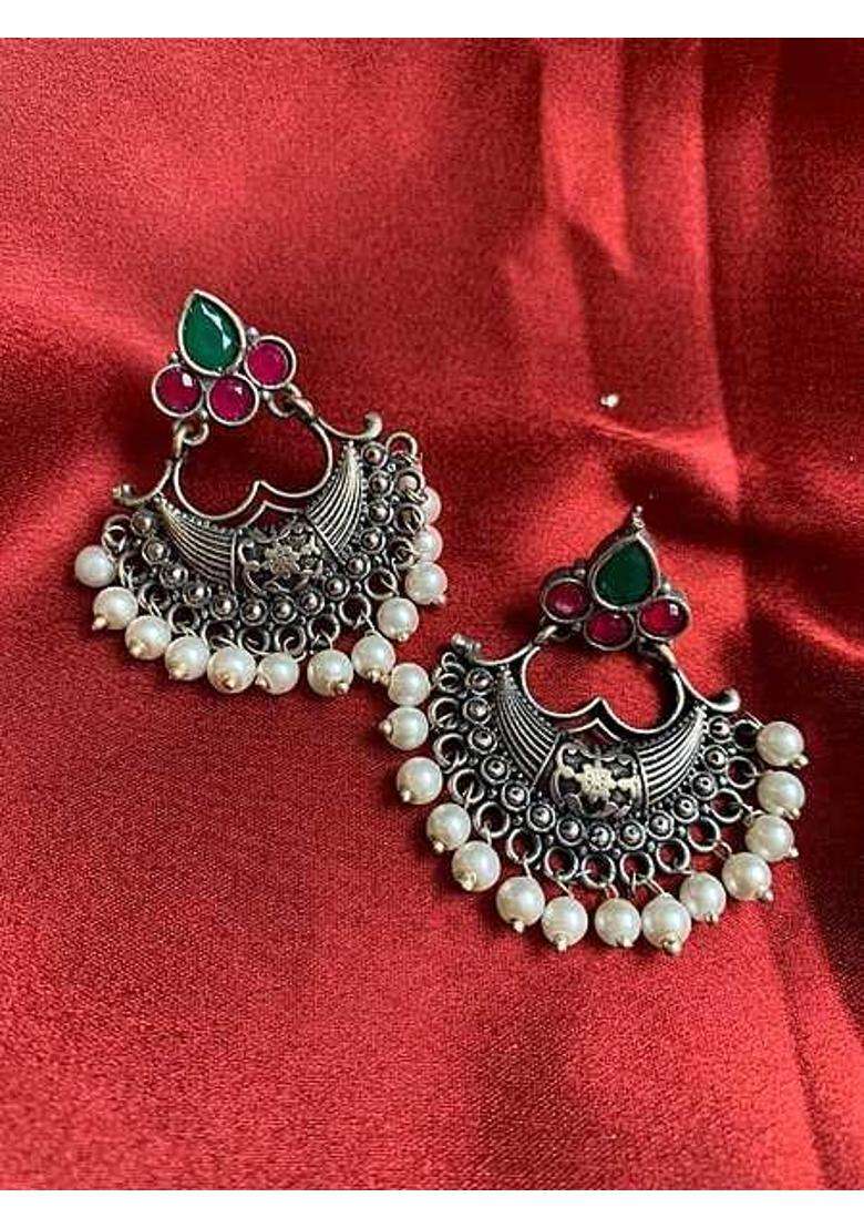 House of Riyaash Antique Chandbali Earrings for Women Traditional Gold Tone Chandbali with Kemp Stones - Indya