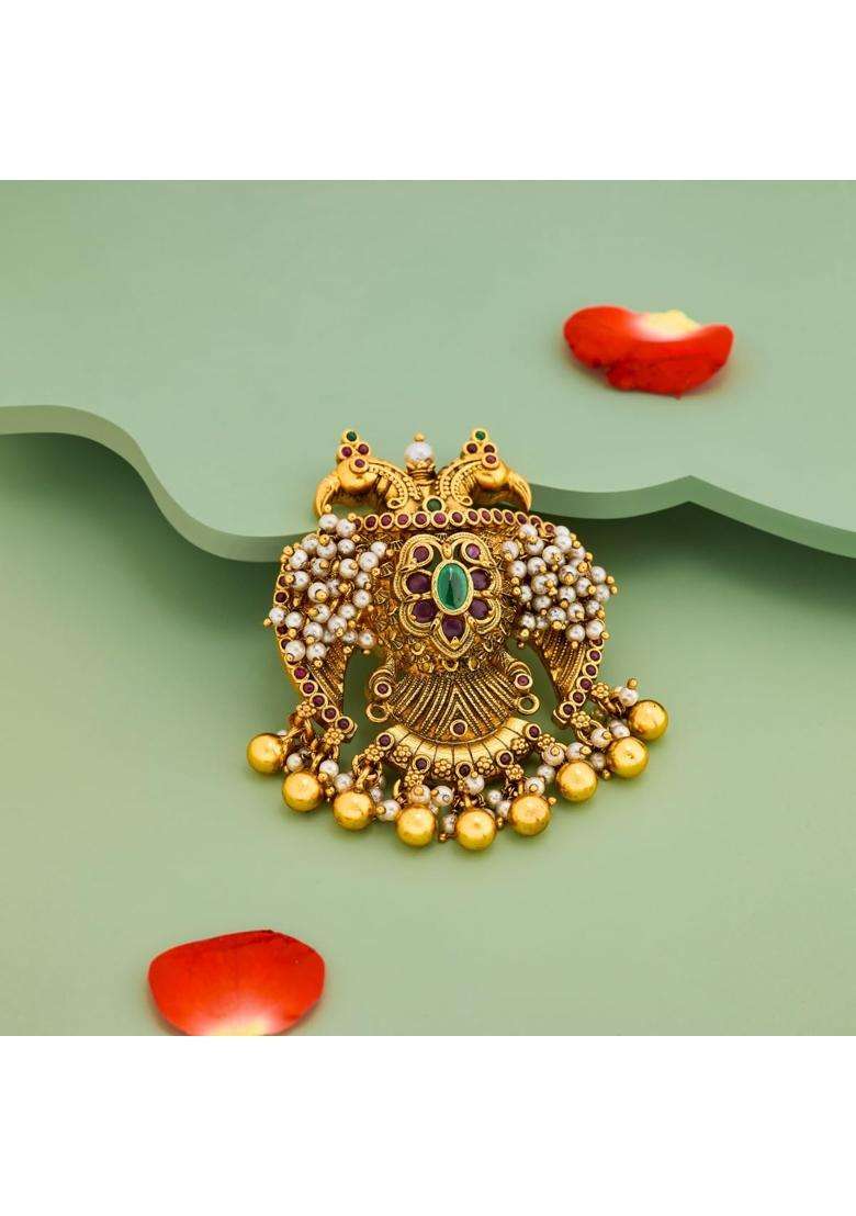 Kushals Fashion Jewellery Ruby Green Oxidised Gold Plated 925 Silver Temple Pendant for Women - Indya