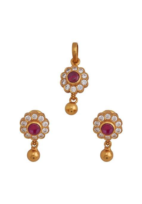 Kushals Fashion Jewellery Ruby Gold Plated Casual 925 Pure Silver Temple Pendant Set