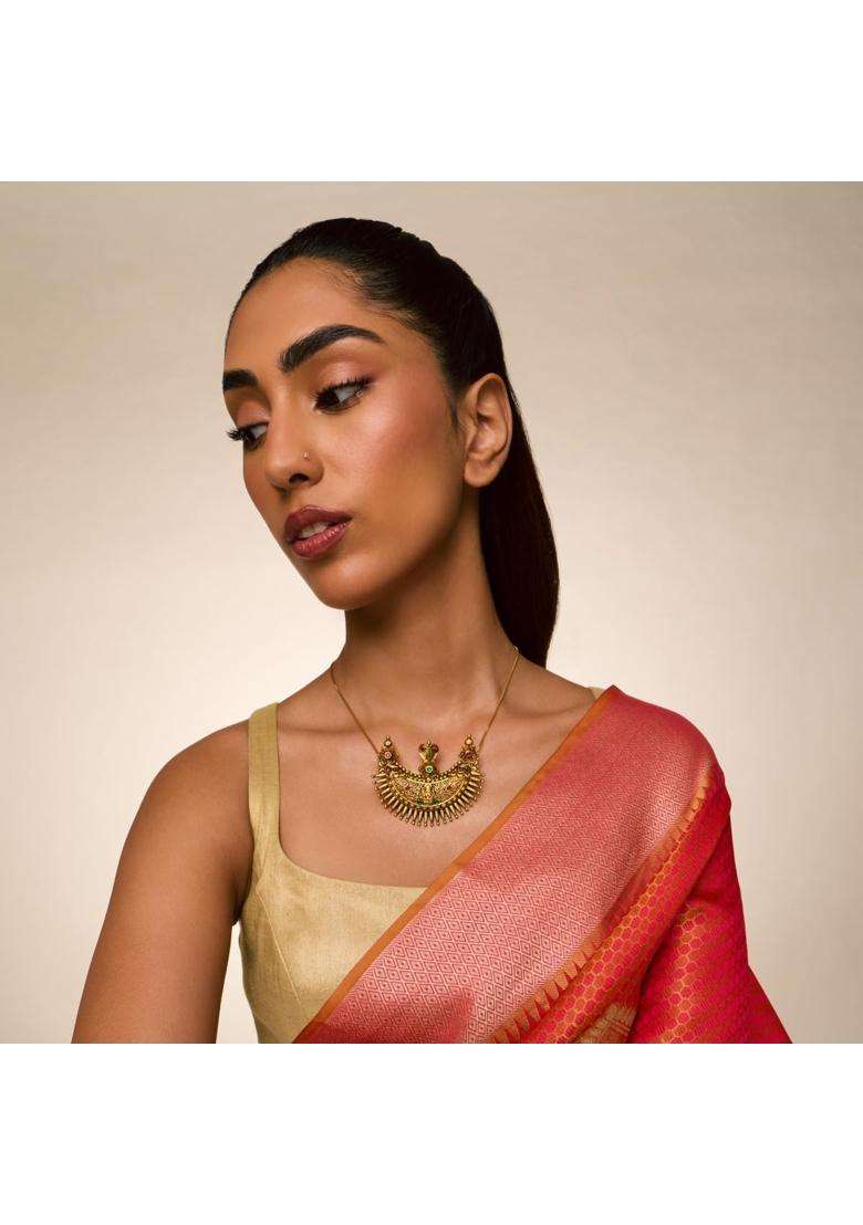 Kushals Fashion Jewellery Ruby Green Oxidised Gold Plated 925 Silver Temple Pendant for Women - Indya