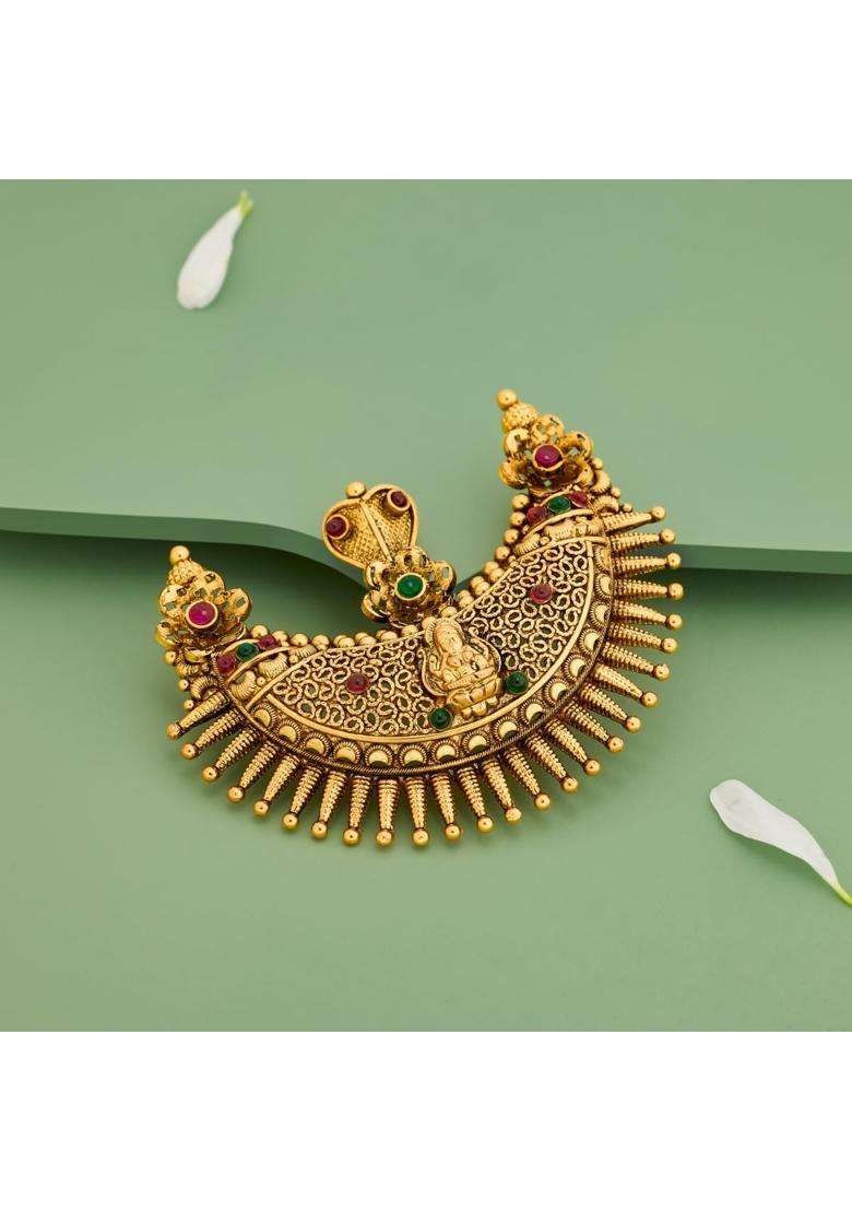 Kushals Fashion Jewellery Ruby Green Oxidised Gold Plated 925 Silver Temple Pendant for Women - Indya