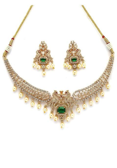 Karatcart Royal Green American Diamond Temple Jewellery Set for Women