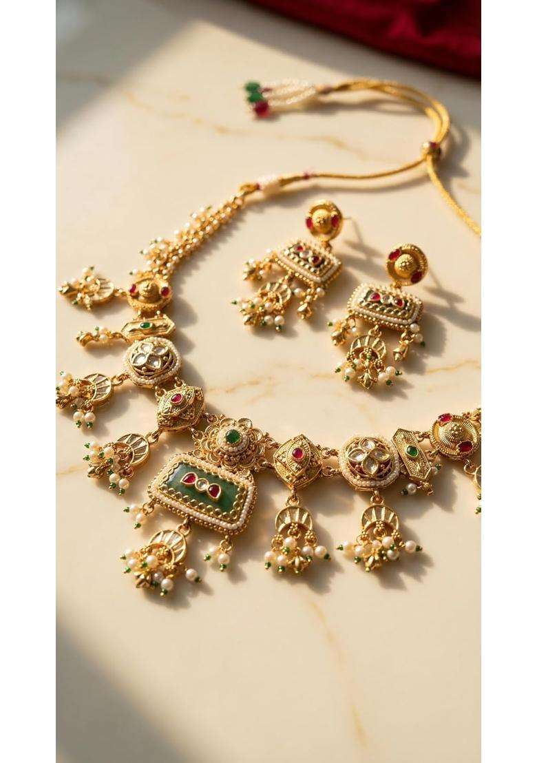 Vaidevi Gold Plated Traditional Indian Bridal Necklace Set with Earrings - Indya