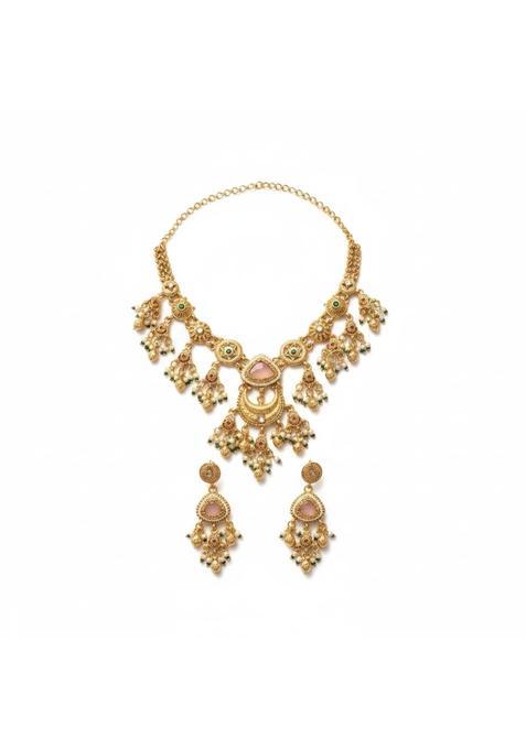 Vaidevi Pink Traditional Bridal Choker Necklace Set for Women with Earrings and Adjustable Dori