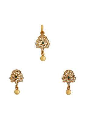 Kushals Fashion Jewellery Green Gold Plated Ethnic 925 Pure Silver Temple Pendant Set