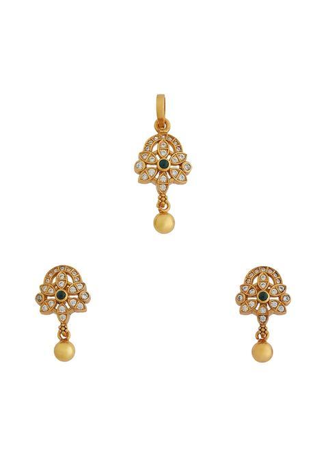 Kushals Fashion Jewellery Green Gold Plated Ethnic 925 Pure Silver Temple Pendant Set