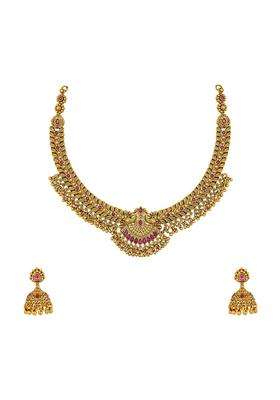 Kushals Fashion Jewellery Ruby Gold Plated Antique Necklace Set with Jhumka Earrings for Women