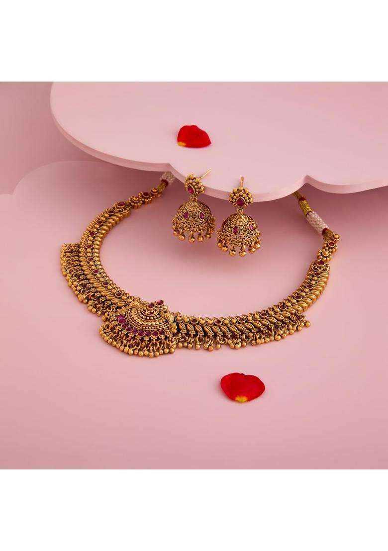 Kushals Fashion Jewellery Ruby Gold Plated Antique Necklace Set with Jhumka Earrings for Women - Indya
