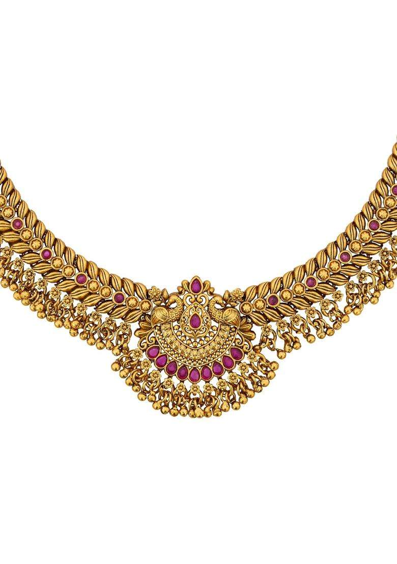Kushals Fashion Jewellery Ruby Gold Plated Antique Necklace Set with Jhumka Earrings for Women - Indya