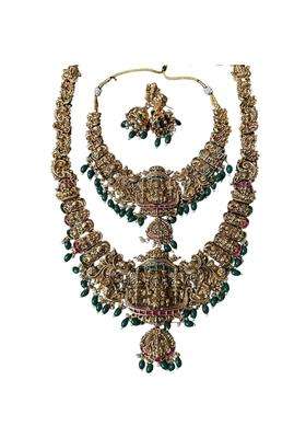 Traditional Gold Plated Temple Design Bridal Jewellery Set Pearl Drop Necklace with Earrings