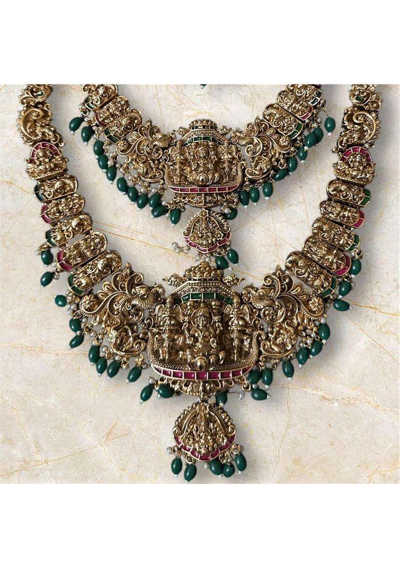 Traditional Gold Plated Temple Design Bridal Jewellery Set Pearl Drop Necklace with Earrings - Indya