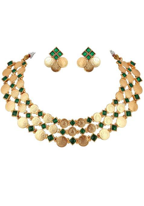 Lucky Jewellery Designer Gold Plated Goddess Laxmi Necklace Set for Women and Girls