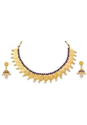 JFL Traditional Ethnic Temple Laxmi Goddess One Gram Gold Plated Kaerie Designer Necklace Set Jhumka Earring