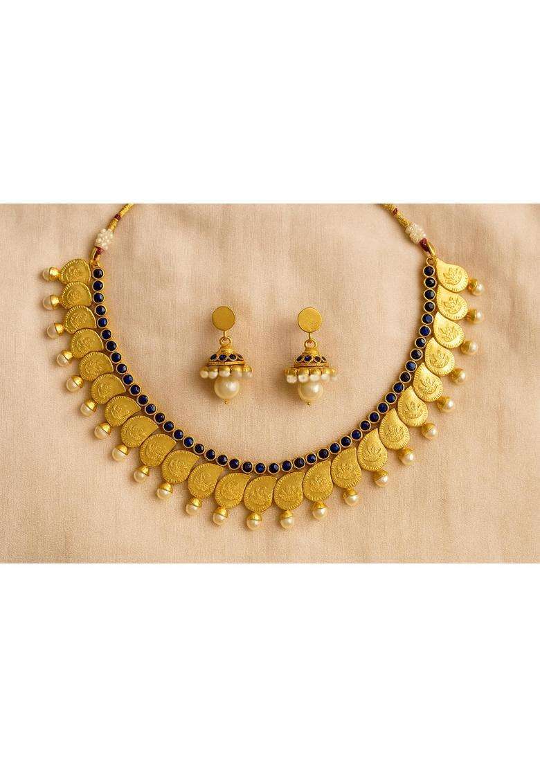 JFL Traditional Ethnic Temple Laxmi Goddess One Gram Gold Plated Kaerie Designer Necklace Set Jhumka Earring - Indya
