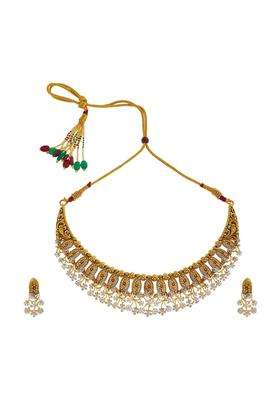 Kushals Fashion Jewellery White Oxidised Gold Plated Ethnic 925 Pure Silver Temple Necklace Set