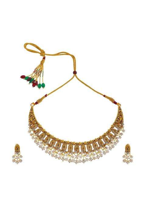 Kushals Fashion Jewellery White Oxidised Gold Plated Ethnic 925 Pure Silver Temple Necklace Set