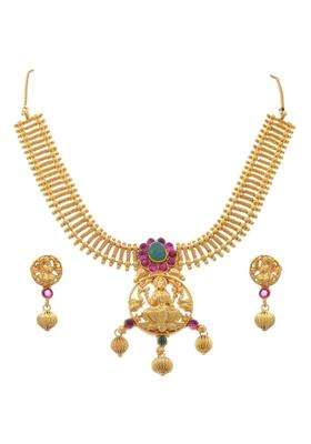 JFL Traditional Ethnic One Gram Gold Plated Temple Laxmi Goddess Pink and Green Stone Designer Necklace Set