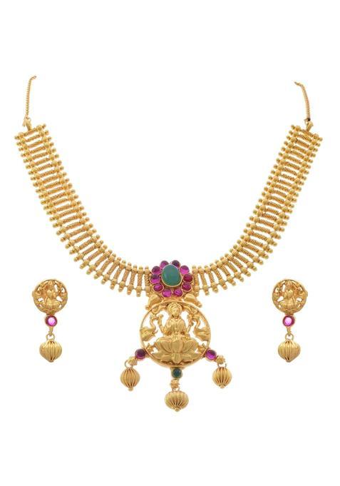 JFL Traditional Ethnic One Gram Gold Plated Temple Laxmi Goddess Pink and Green Stone Designer Necklace Set