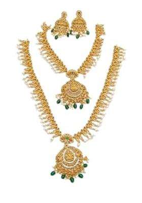 Pmw Long Gold Plated Necklace Set for Women Temple Jewellery with Green Beads and Pearl Work with Earrings