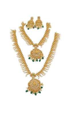 Long Gold Plated Necklace Set for Women Temple Jewellery with Green Beads and Pearl Work with Earrings