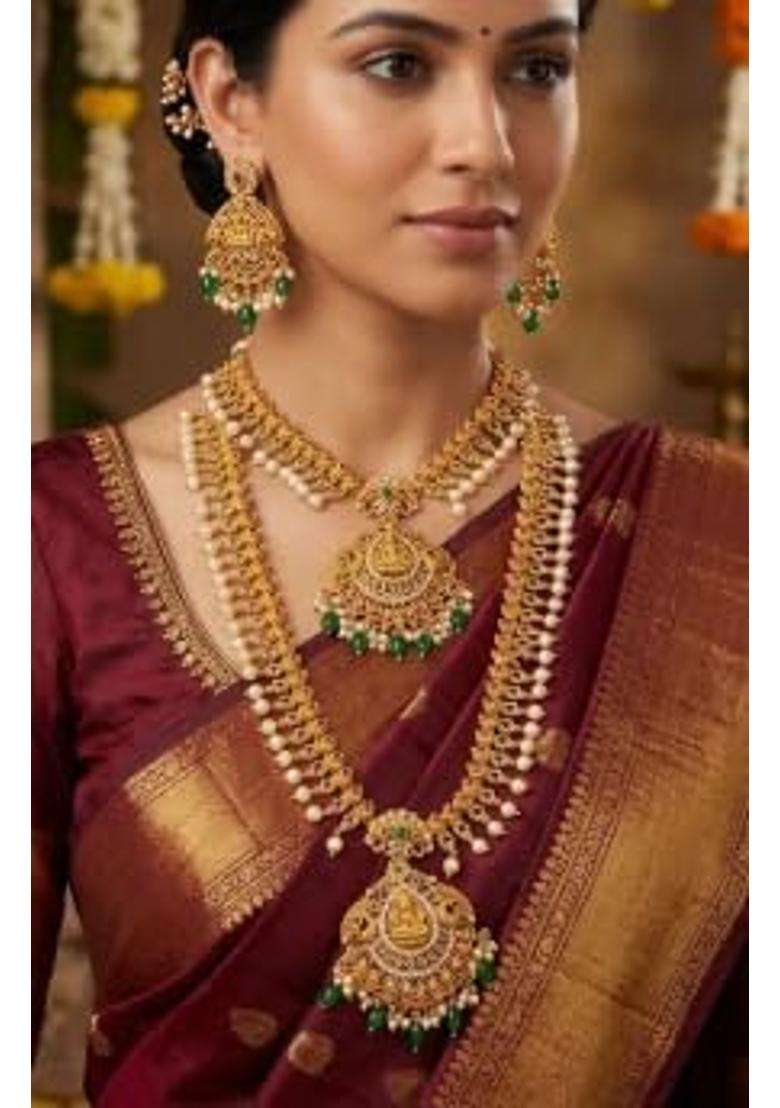 Long Gold Plated Necklace Set for Women Temple Jewellery with Green Beads and Pearl Work with Earrings - Indya