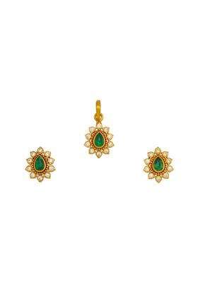 Kushals Fashion Jewellery Green Gold Plated Ethnic 925 Pure Silver Temple Pendant Set