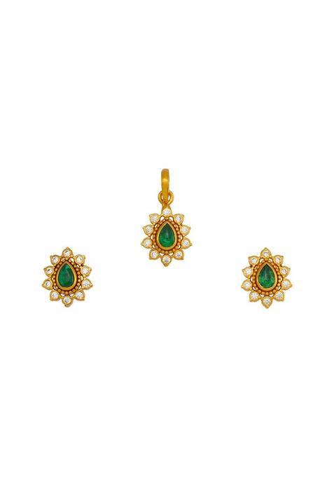 Kushals Fashion Jewellery Green Gold Plated Ethnic 925 Pure Silver Temple Pendant Set