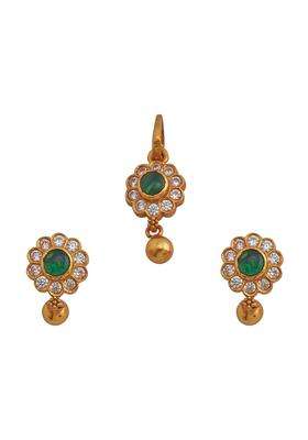 Kushals Fashion Jewellery Green Gold Plated Casual 925 Pure Silver Temple Pendant Set