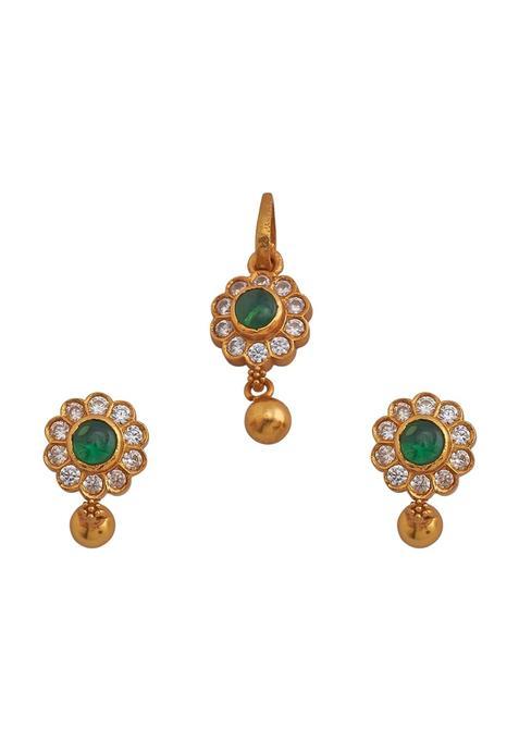 Kushals Fashion Jewellery Green Gold Plated Casual 925 Pure Silver Temple Pendant Set