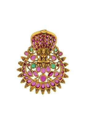 Kushals Fashion Jewellery Ruby Green Oxidised Gold Plated 925 Silver Temple Pendant for Women