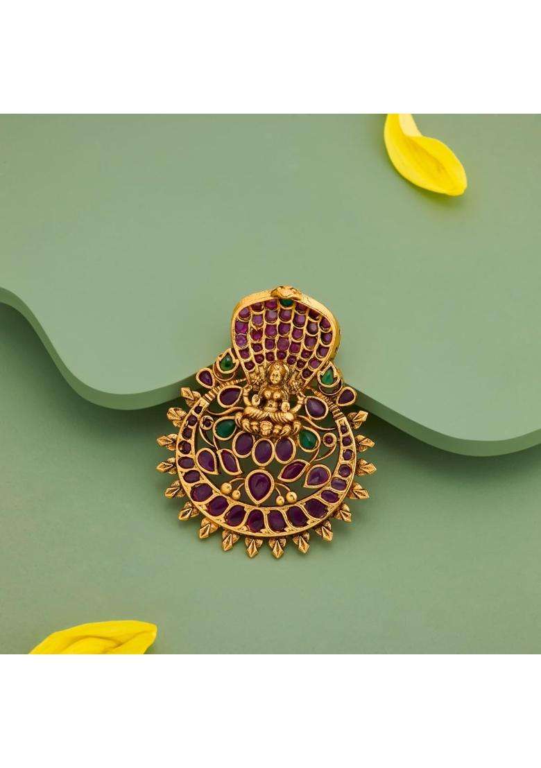 Kushals Fashion Jewellery Ruby Green Oxidised Gold Plated 925 Silver Temple Pendant for Women - Indya