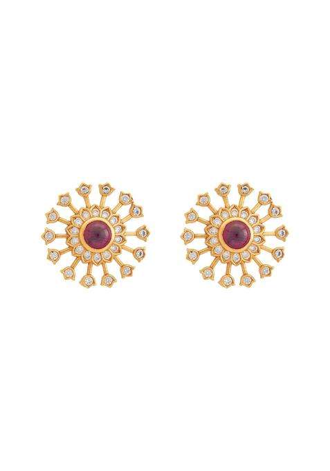 Kushals Fashion Jewellery Ruby Gold Plated Ethnic 925 Pure Silver Temple Earring